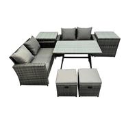 Fimous 6 Seater Wicker PE Rattan Furniture Outdoor Dining Table Double Seat Sofa 2 Small Stools 2 Side Table Set Dark Grey Mixed