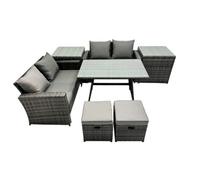 Fimous 6 Seater Wicker Pe Rattan Furniture Outdoor Dining Table Double Seat Sofa 2 Small Stools 2 Side Table Set Dark Grey Mixed