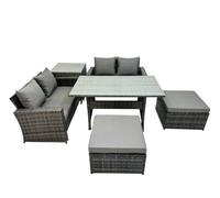 Fimous 6 Seater Wicker PE Rattan Furniture Outdoor Dining Table Double Seat Sofa Side Table 2 Big Stools Set Dark Grey Mixed