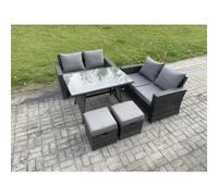 Fimous 6-Seater Dark Grey Rattan Outdoor Dining Set | Rectangular Table, Double Sofa, 2 Footstools