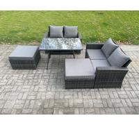 Fimous 6 Seater Wicker PE Rattan Garden Dining Set Outdoor Furniture Sofa with Rectangular Dining Table Double Seat Sofa 2 Big Footstool in Dark Grey Fimous Dark Grey