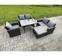 Fimous 6 Seater Wicker PE Rattan Garden Dining Set Outdoor Furniture Sofa with Rectangular Dining Table Double Seat Sofa Big Footstool Dark Grey Mixed