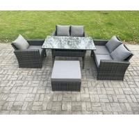 Fimous 6 Seater Wicker Rattan Garden Dining Set Outdoor Furniture Sofa with Dining Table Double Seat Sofa Big Footstool Dark Grey Mixed