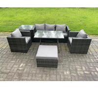 Fimous 6 Seater Wicker Rattan Outdoor Furniture Garden Dining Set with Sofa Oblong Dining Table 2 Armchairs Stool in Dark Grey Fimous Dark Grey