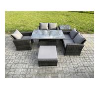 Fimous 6pcs Rattan Outdoor Garden Furniture Set Height Adjustable Rising Lifting Table Sofa Dining Set with Big Footstool Side Table Dark Grey Mixed