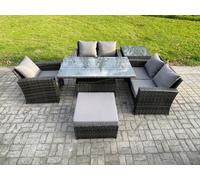 Fimous 6pcs Rattan Outdoor Garden Furniture Set Height Adjustable Rising Lifting Table Sofa Dining Set with Big Footstool Side Table Dark Grey Mixed