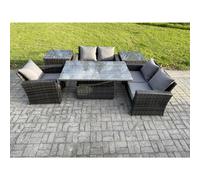 Fimous 6pcs Rattan Outdoor Garden Furniture Set Height Adjustable Rising Lifting Table Sofa Dining Set with 2 Side Tables Dark Grey Mixed