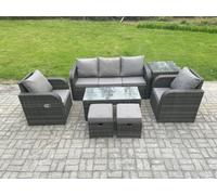Fimous 7 Pc Rattan Garden Furniture Set With Rectangular Coffee Table Side Table 2 Small Footstools Patio Outdoor Rattan Set