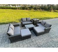 Fimous 7 pc Rattan Sofa Garden Furniture Outdoor Patio Set with Side Tables 2 Big Footstool Love Seat Sofa Dark Grey Mixed Fimous Dark Grey