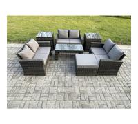 Fimous 7 PCS Outdoor Lounge Sofa Set Wicker PE Rattan Garden Furniture Set with Coffee Table Double Seater Sofa 2 Big Footstool Dark Grey Mixed