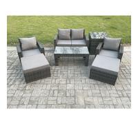 Fimous 7 PCS Outdoor Lounge Sofa Set Wicker PE Rattan Garden Furniture Set with Rectangular Coffee Table Armchair 2 Big Footstool Dark Grey Mixed