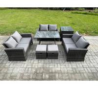 Fimous 7 PCS Outdoor Lounge Sofa Set Wicker PE Rattan Garden Furniture Set with Rectangular Dining Table Love Seat Sofa in Dark Grey Fimous Dark Grey
