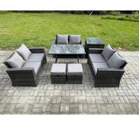 Fimous 7 PCS Outdoor Lounge Sofa Set Wicker PE Rattan Garden Furniture Set with Rectangular Dining Table Love Seat Sofa in Dark Grey Fimous Dark Grey