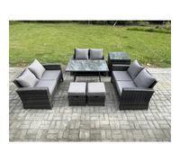 7 PCS Outdoor Lounge Sofa Set Wicker PE Rattan Garden Furniture Set with Rectangular Dining Table Love Seat Sofa Fimous Dark Grey One Size