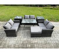 Fimous 7 PCS Outdoor Lounge Sofa Set Wicker PE Rattan Garden Furniture Set with Rectangular Dining Table Love Seat Sofa in Dark Grey Fimous Dark Grey