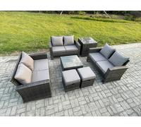 Fimous 7 PCS Outdoor Lounge Sofa Set Wicker PE Rattan Garden Furniture Set with Square Coffee Table Double Seat Sofa Side Table Dark Grey Mixed