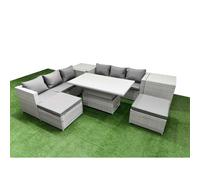 Fimous 7 PCs Rising Dining Table Set Rattan Furniture Set with 3 Seater Sofa 2 Big Footstools 2 Side Tables Light Grey