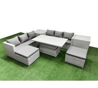 Fimous 7 Pcs Rising Dining Table Set Rattan Furniture Set With 3 Seater Sofa 2 Big Footstools 2 Side Tables Light Grey
