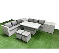 Fimous 7 PCs Rising Dining Table Set Rattan Furniture Set with 3 Seater Sofa 2 Small Footstools 2 Side Table Light Grey