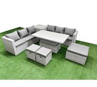 Fimous 7 PCs Rising Dining Table Set Rattan Furniture Set with 3 Seater Sofa 3 Footstools Side Table Light Grey