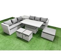 Fimous 7 PCs Rising Dining Table Set Rattan Furniture Set with 3 Seater Sofa 3 Footstools Side Table Light Grey