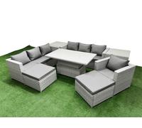 Fimous 7 Pcs Rising Dining Table Set Rattan Furniture Set With 3 Seater Sofa Chair 2 Big Footstool 2 Side Tables Light Grey