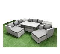7 PCs Rising Dining Table Set Rattan Furniture Set with 3 Seater Sofa Fimous Light Grey One Size