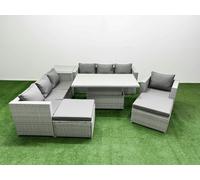 Fimous 7 PCs Rising Dining Table Set Rattan Furniture Set with 3 Seater Sofa Chair 2 Big Footstool Side Table Light Grey