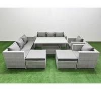 Fimous 7 Pcs Rising Dining Table Set Rattan Furniture Set With 3 Seater Sofa Chair 2 Big Footstools Light Grey