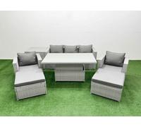 Fimous 7 Pcs Rising Dining Table Set Rattan Furniture Set With 3 Seater Sofa Chair 2 Big Footstools Side Table Light Grey