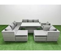 Fimous 7 PCs Rising Dining Table Set Rattan Furniture Set with 3 Seater Sofa Chair 2 Big Footstools Light Grey