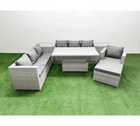 Fimous 7 Pcs Rising Dining Table Set Rattan Furniture Set With 3 Seater Sofa Chair 2 Side Tables Big Footstool Light Grey