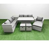 Fimous 7 PCs Rising Dining Table Set Rattan Furniture Set with 3 Seater Sofa Chair 3 Footstools Side Table Light Grey