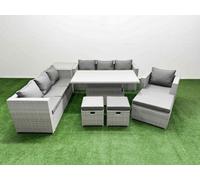 Fimous 7 PCs Rising Dining Table Set Rattan Furniture Set with 3 Seater Sofa Chair 3 Footstools Side Table Light Grey