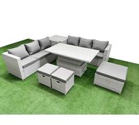 Fimous 7 PCs Rising Dining Table Set Rattan Furniture Set with 3 Seater Sofa 3 Footstools Side Table Light Grey