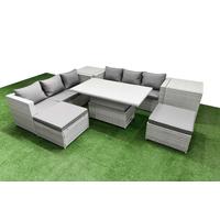 7 PCs Rising Dining Table Set Rattan Furniture Set with 3 Seater Sofa Fimous Light Grey One Size