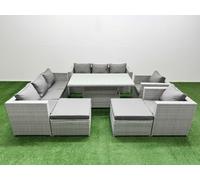 Fimous 7 PCs Rising Dining Table Set Rattan Furniture Set with 3 Seater Sofa in Light Grey Fimous Light Grey