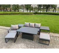 Fimous 7-Piece Aluminium Garden Furniture Sets 6 Seater Outdoor Dining Set With Adjustable Rising Lifting Dining Table Side Table