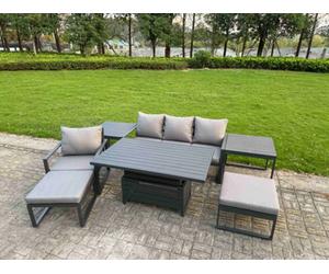 Fimous 7-Piece Aluminium Garden Furniture Sets 6 Seater Outdoor Dining Set With Adjustable Rising Lifting Dining Table Side Table