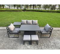 Fimous 7-Piece Aluminium Garden Furniture Sets 7 Seater Outdoor Sofa Set with Adjustable Rising Lifting Dining Table 2 Chairs 2 Small Footstools Side