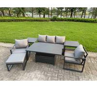 Fimous 7-Piece Aluminium Garden Furniture Sets With Adjustable Rising Lifting Dining Table 2 Chairs Big Footstool 2 Side Tables