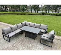 Fimous 7 Piece L-shaped Garden Furniture Set 8-Seater Aluminium Outdoor Dining Set with Adjustable Rising Lifting Dining Table Dark Grey