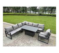 Fimous 7 Piece L-Shaped 8-Seater Aluminium Outdoor Dining Set With Adjustable Rising Lifting Dining Table Dark Grey