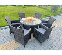 Fimous 7-Piece PE Rattan Garden Furniture with Big Round Gas Fire Pit Table and 6 Chairs for Patio Dark Grey Mixed