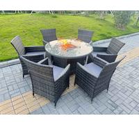 Fimous 7-Piece PE Rattan Garden Furniture with Big Round Gas Firepit Table and 6 Chairs for Patio Dark Grey Mixed Dark Grey
