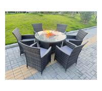 Fimous 7-Piece PE Rattan Garden Furniture with Big Round Gas Firepit Table and 6 Chairs for Patio Dark Grey Mixed