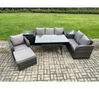 Fimous 7 Piece Rattan Garden Furniture Set With Patio Sofa Rectangular Dining Table 2 Side Table Big Footstool Indoor Patio Set