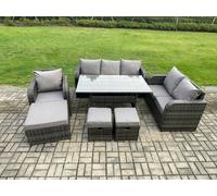Fimous 7 Piece Rattan Garden Furniture Set with Patio Sofa Rectangular Dining Table 3 Small Footstools Indoor Conservatory Patio Set