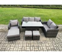 Fimous 7 Piece Rattan Garden Furniture Set with Patio Sofa Rectangular Dining Table 3 Small Footstools Indoor Conservatory Patio Set in Dark Grey Fimous Dark Grey