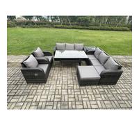 Fimous 7 Piece Rattan Garden Furniture Set with Patio Sofa Rectangular Dining Table Big Footstool Side Table Indoor Conservatory Patio Set